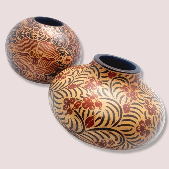 2 Tribal Gypsy Boho Hand Painted Batik Wood Candle Tealight Holder Balls Staging - Picture 6 of 16